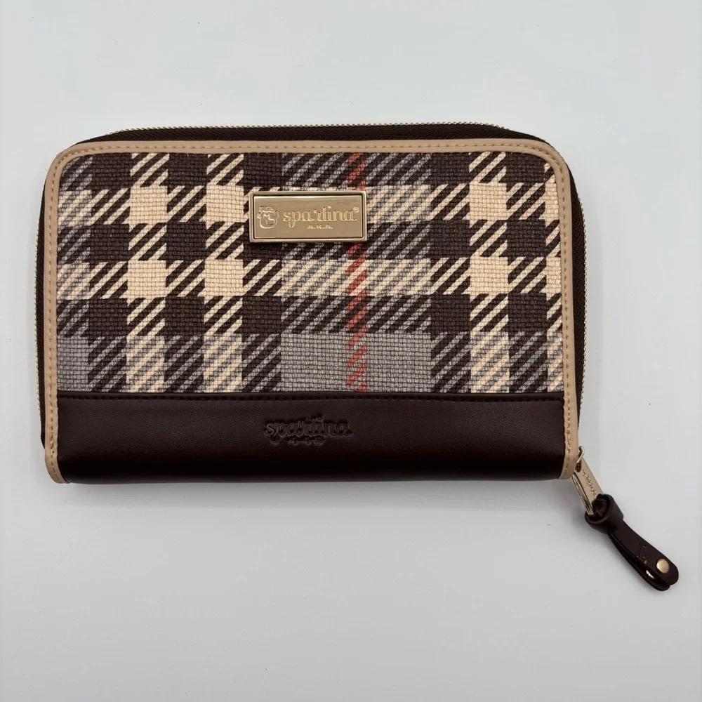 Spartina 449 Brown Plaid Accordion Wallet Leather Trim 8